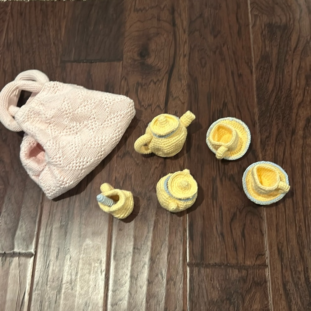 Bella Bliss crocheted tea set with pink Velcro carrying bag